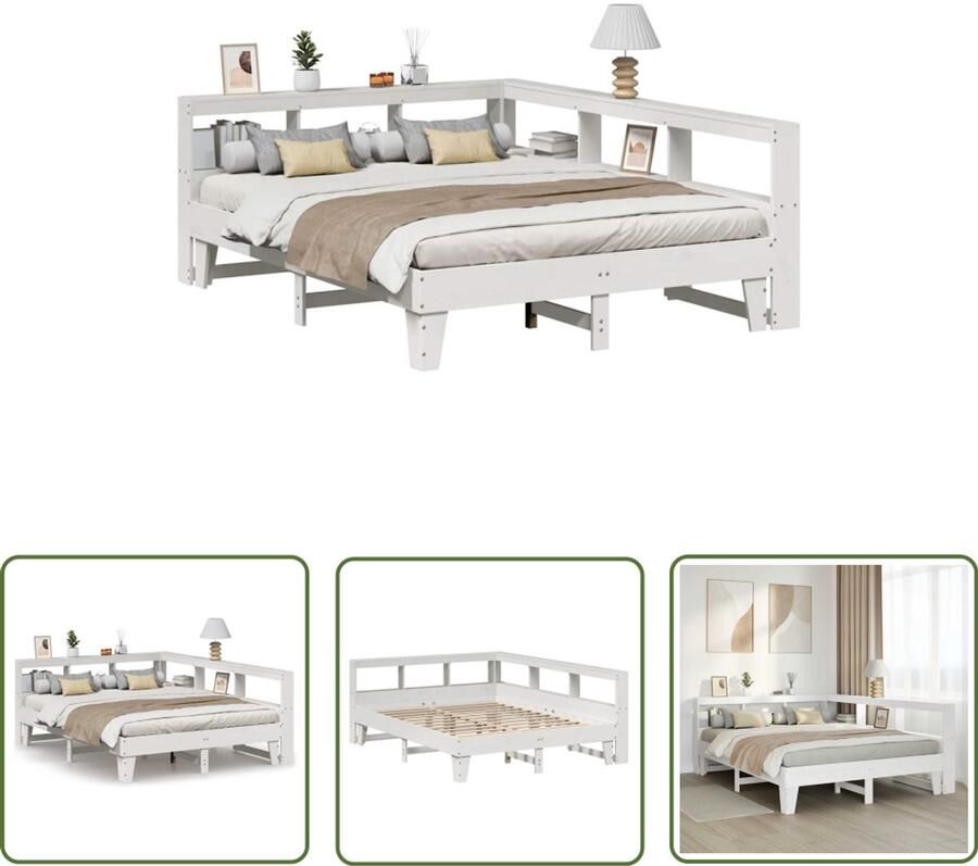 VidaXL Bed met boekenkast zonder matras grenenhout wit 150x200 cm Slaapbank Houten Bed Boekkastenbed Tweepersoonsbed Bed Met Opbergvakken