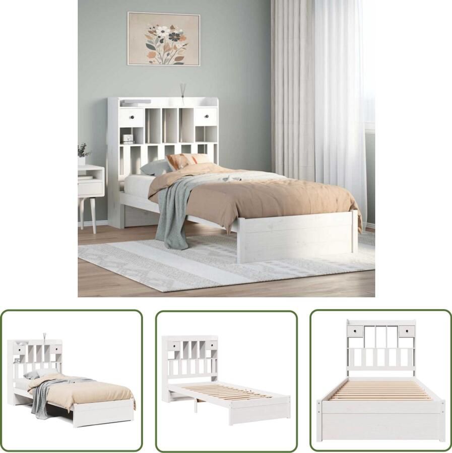 VidaXL Houten Bed Slaapbank Bed met boekenkast zonder matras grenenhout wit 75x190 cm Boekenkastenbed Bed Met Lade Tweepersoonsbed