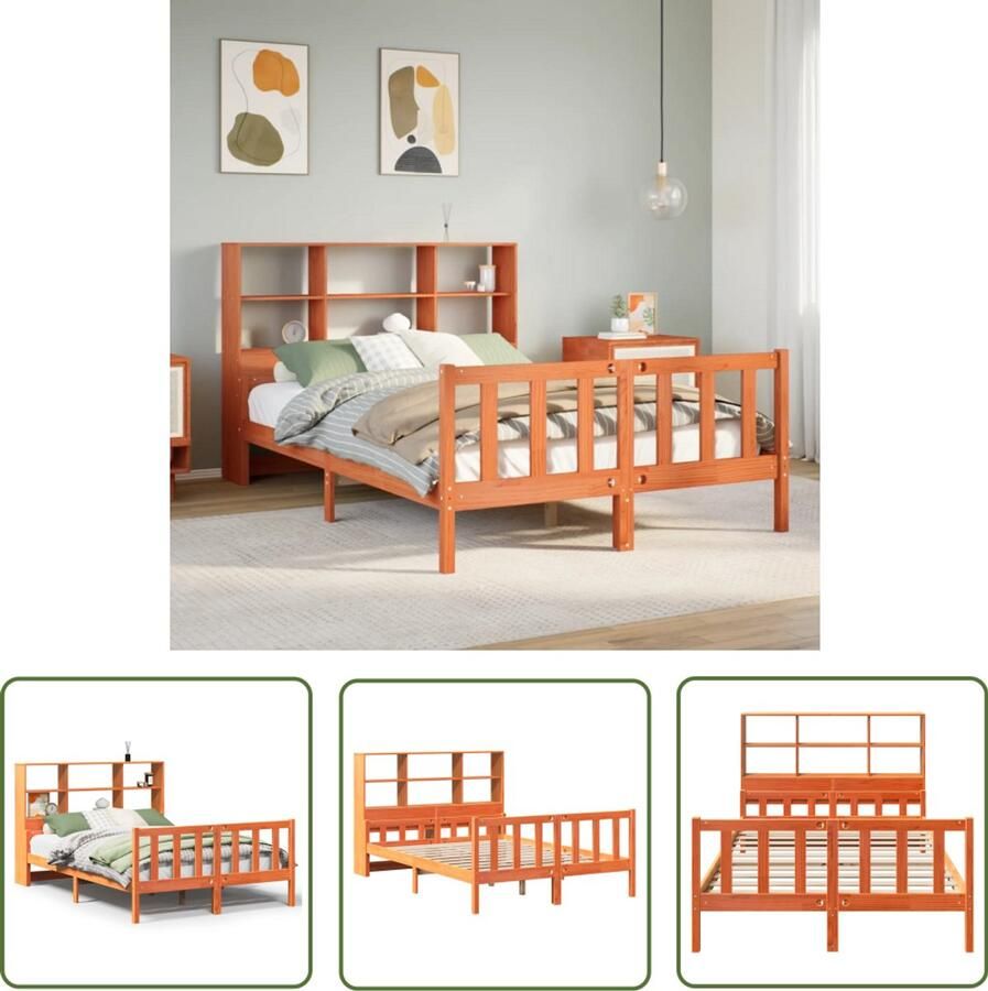 VidaXL Houten Bed Slaapbank Bed met boekenkast zonder matras hout wasbruin 150x200 cm Tweepersoonsbed Boxspring Bedstee