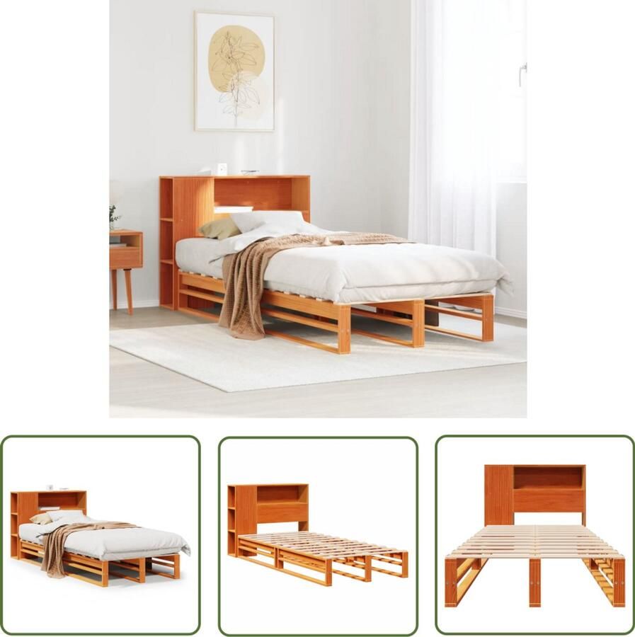 VidaXL Houten Bed Slaapbank Bed met boekenkast zonder matras massief hout wasbruin 90x200cm Bed Met Kast Boekenkastenbed Tweepersoonsbed