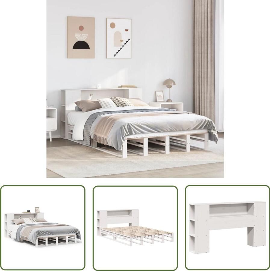 VidaXL Houten Bed Slaapbank Bed met boekenkast zonder matras massief hout wit 160x200 cm Bed Met Kast Tweepersoonsbed Massief Hout Bed