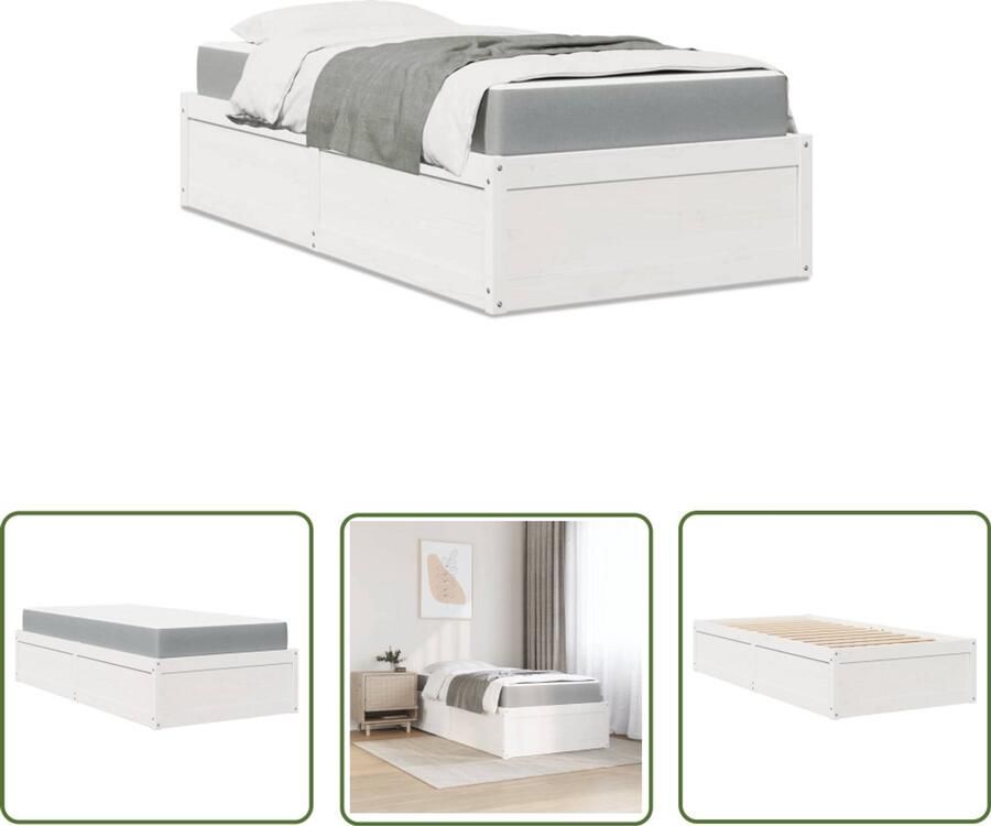 VidaXL Houten Bed Slaapbank Bed met matras massief grenenhout wit 90x200 cm Enkel Bed Tweepersoonsbed Grenenhouten Bed