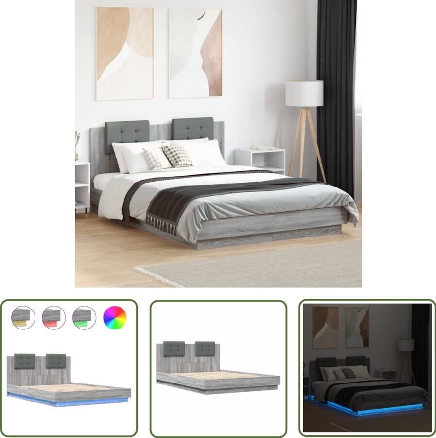 VidaXL Houten Bed Slaapbank Bedframe met hoofdbord en LED grijs sonoma eiken 150x200 cm Tweepersoonsbed Led Lamp Bedroom Furniture
