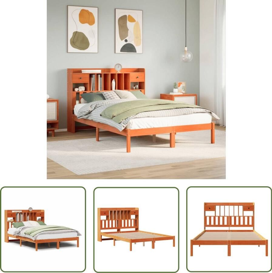 VidaXL Houten Bed Slaapcomfort Bed met boekenkast zonder matras grenenhout wasbruin 140x200 cm Boekenkastbed Massief Hout Grenenhout