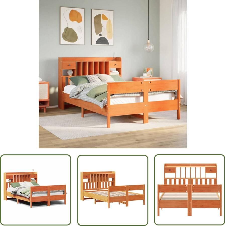 The Living Store Bed met boekenkast zonder matras grenenhout wasbruin 160x200 cm Slaapcomfort Houten Bed Boekenkast Bed Tweepersoons Bed Opbergruimte