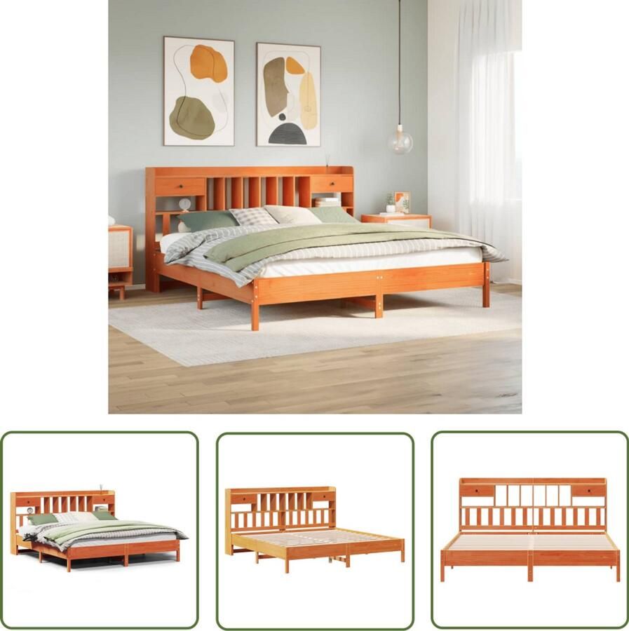 VidaXL Houten Bed Slaapcomfort Bed met boekenkast zonder matras grenenhout wasbruin 200x200 cm Boekenkast Bed Grenenhouten Bed Tweepersoonsbed
