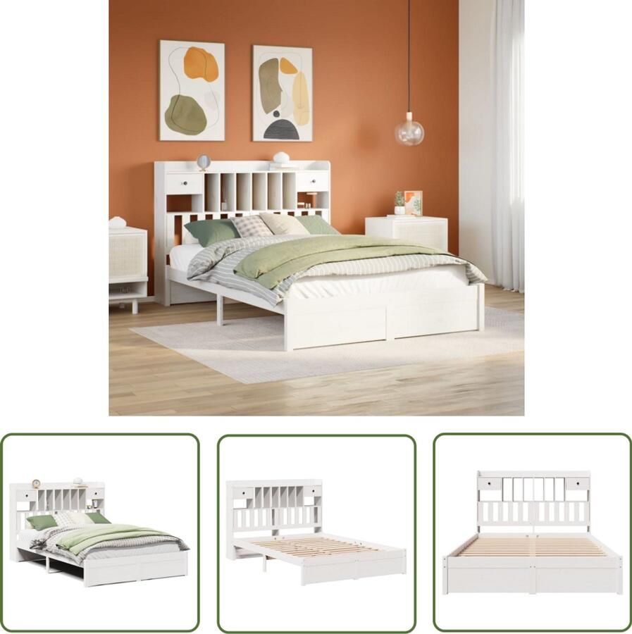 VidaXL Houten Bed Slaapcomfort Bed met boekenkast zonder matras grenenhout wit 140x190 cm Boekenkast Bed Grenenhout Bed Witte Bed