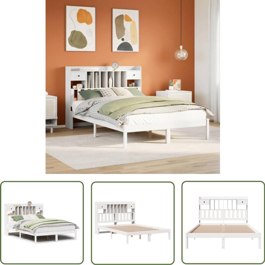 VidaXL Houten Bed Slaapcomfort Bed met boekenkast zonder matras grenenhout wit 140x200 cm Boekenkast Bed Grenenhout Bed Witte Bed