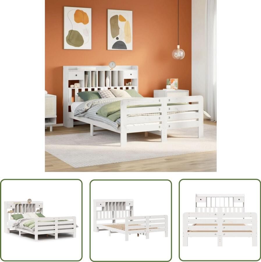 The Living Store Bed met boekenkast zonder matras grenenhout wit 160x200 cm Slaapcomfort Houten Bed Tweepersoonsbed Boekenkast Bed Stapelbare Kast
