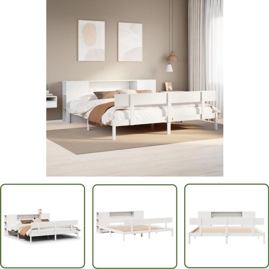 The Living Store Bed met boekenkast zonder matras grenenhout wit 180x200 cm Slaapcomfort Houten Bed Boekenkastenbed Tweepersoon Bed Opbergruimte