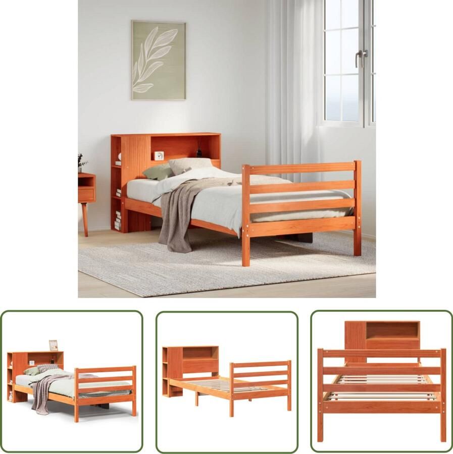 VidaXL Houten Bed Slaapcomfort Bed met boekenkast zonder matras massief hout wasbruin 75x190cm Boekenkastbed Massief Hout Bed Bedstede