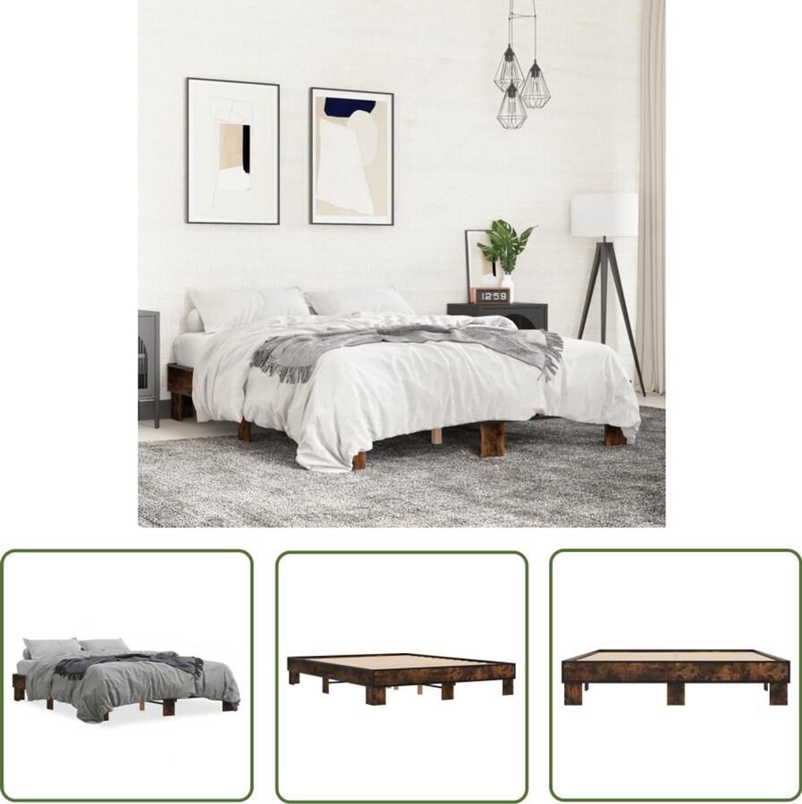 VidaXL Houten Bed Slaapcomfort Bedframe bewerkt hout metaal gerookt eikenkleurig 150x200 cm Bedframe Bruin Houten Bedframe King Size Bed