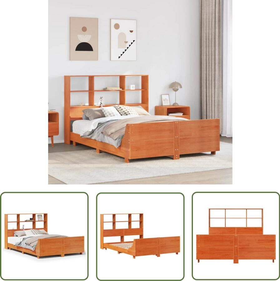 The Living Store Bedframe zonder matras massief grenenhout wasbruin 135x190 cm Slaapcomfort Houten Bed Bedframe Tweepersoonsbed Hoofdboard