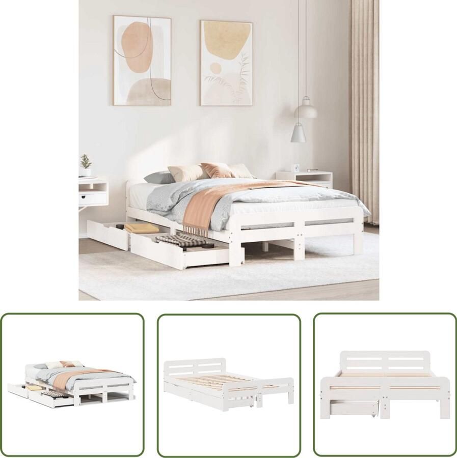 The Living Store Bedframe zonder matras massief grenenhout wit 135x190 cm Slaapcomfort Houten Bed Tweepersoonsbed Boxspring Bedstee