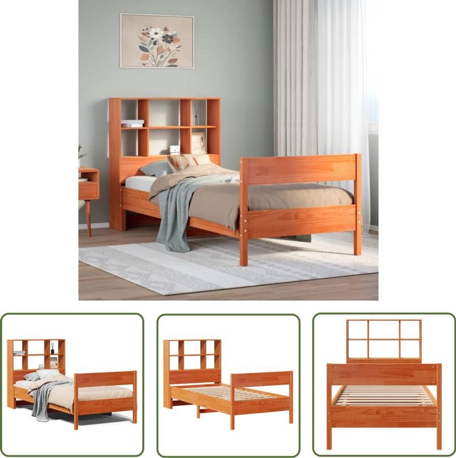 VidaXL Bed met boekenkast zonder matras grenenhout wasbruin 100x200 cm Slaapkamers Houten Bed Boekenkastenbed Bedstee Boxspring