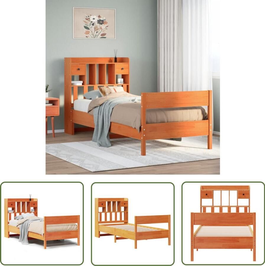 VidaXL Bed met boekenkast Grenenhout 100x200 cm Slaapkamers Houten Bed Tweepersoonsbed Boekenkast Bed Opbergbed