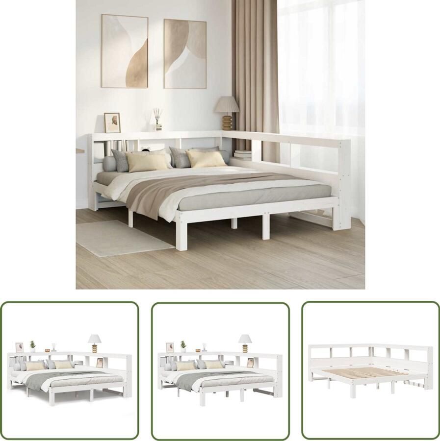 VidaXL Houten Bed Slaapkamersuite Bed met boekenkast zonder matras grenenhout wit 160x200 cm Boekenkastbed Massief Hout Bed Grenenhout Bed