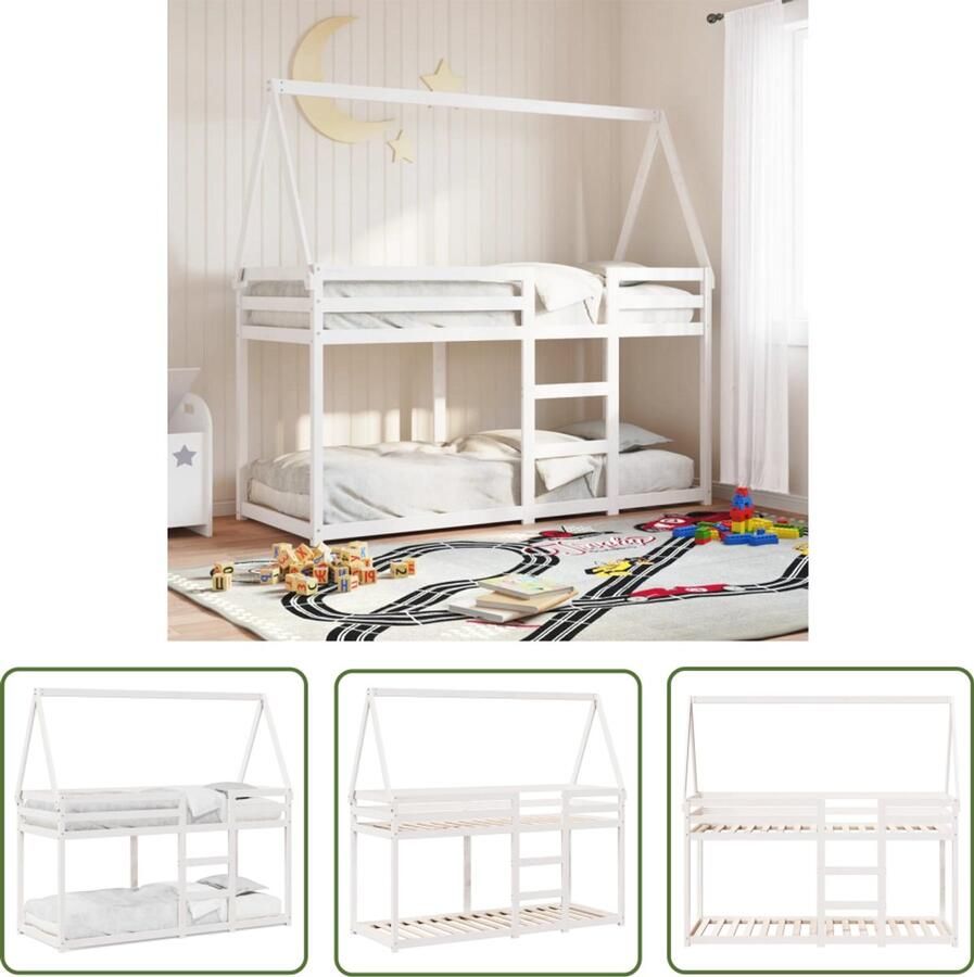 VidaXL Stapelbed met dak massief grenenhout wit 75x190 cm Stapelbed Houten Bed Grenenhout Bed Kids Bed Tweepersoons Bed
