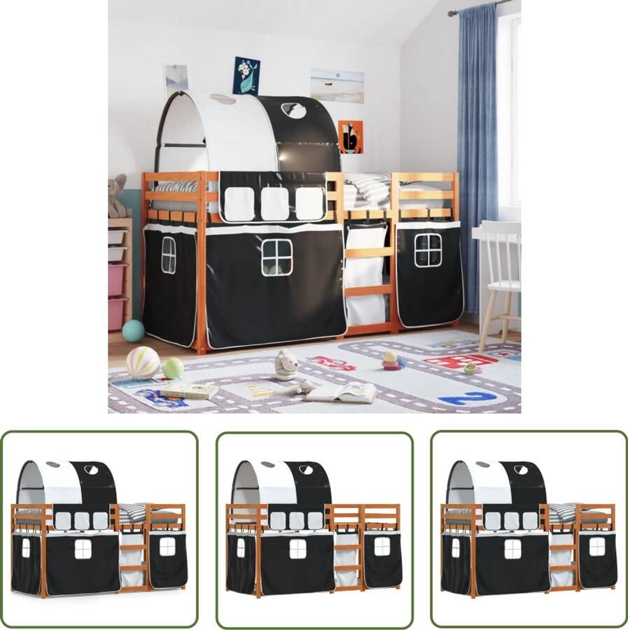 VidaXL Stapelbed met gordijnen 75x190 cm grenenhout wit en zwart Stapelbed Houten Bed Kids Bed Kinderbed Tweepersoonsbed