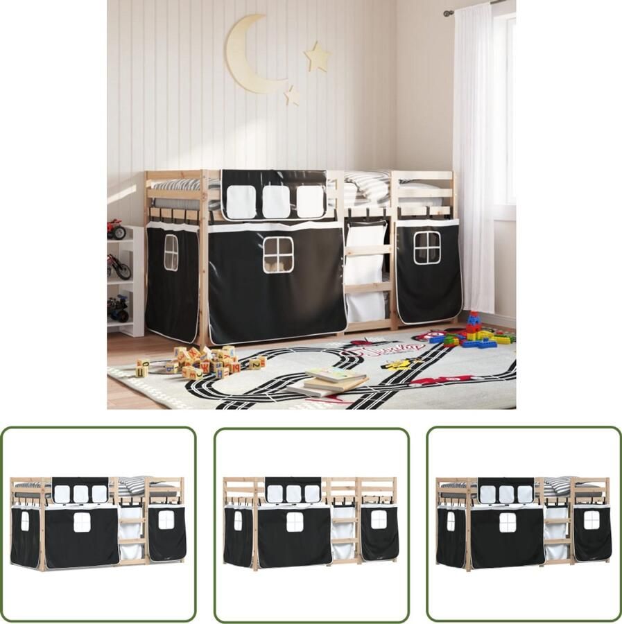 VidaXL Stapelbed met gordijnen 90x200 cm grenenhout wit en zwart Stapelbed Houten Bed Kids Bed Kinderbed Tweepersoonsbed