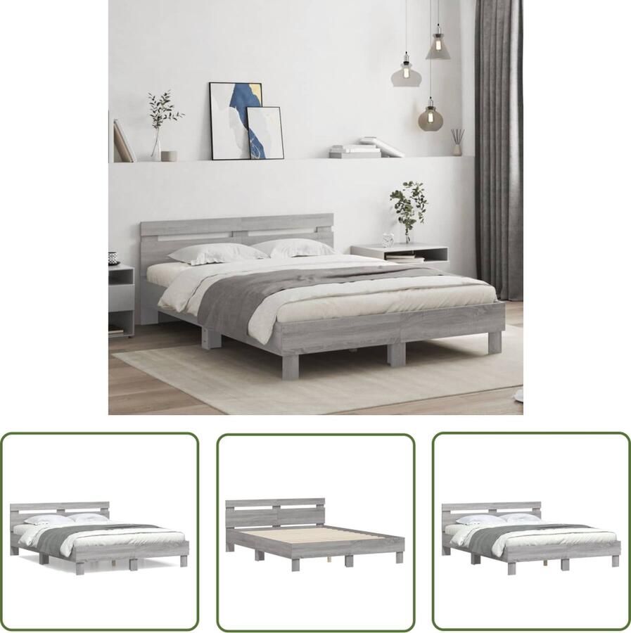The Living Store Bedframe Grijs Sonoma Eiken 203 x 155 cm Stevig en Comfortabel Bed Frame Houten Bedframe Grijs Bedframe Met Hoofdeinde Tweepersoons Bedframe