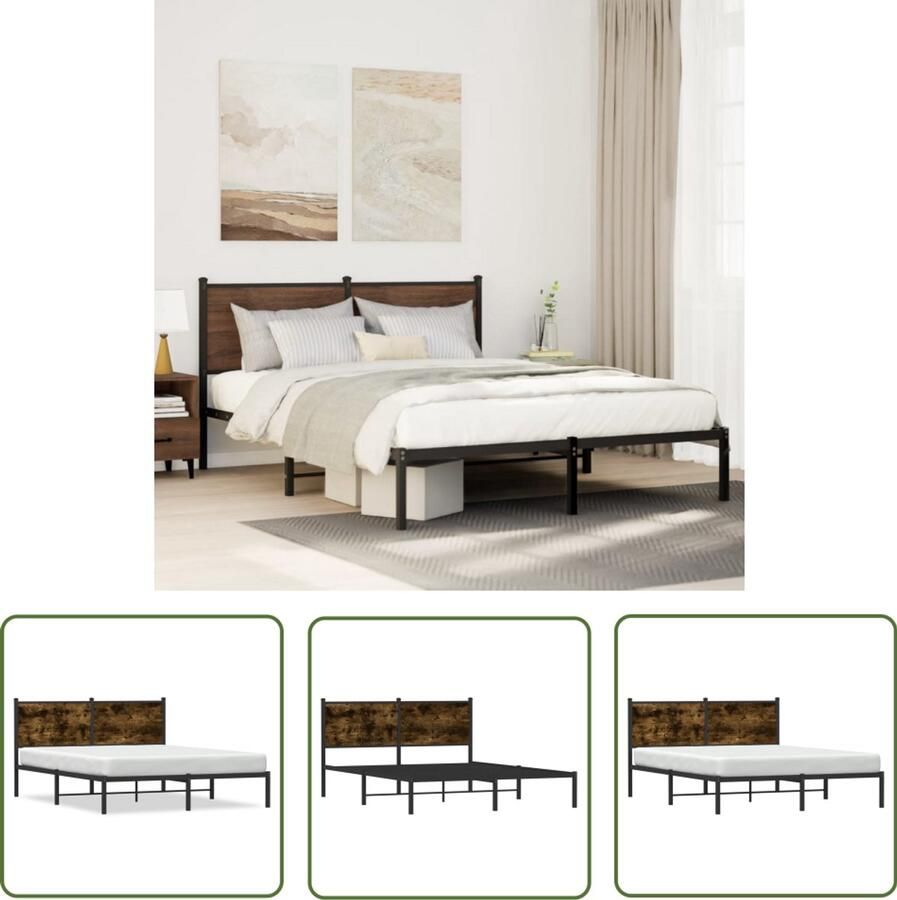VidaXL Houten Bedframe Bed Frame Bedframe zonder matras metaal gerookt eikenkleurig 140x200 cm Staal Bedframe Bruine Bedframe Modern Bedframe