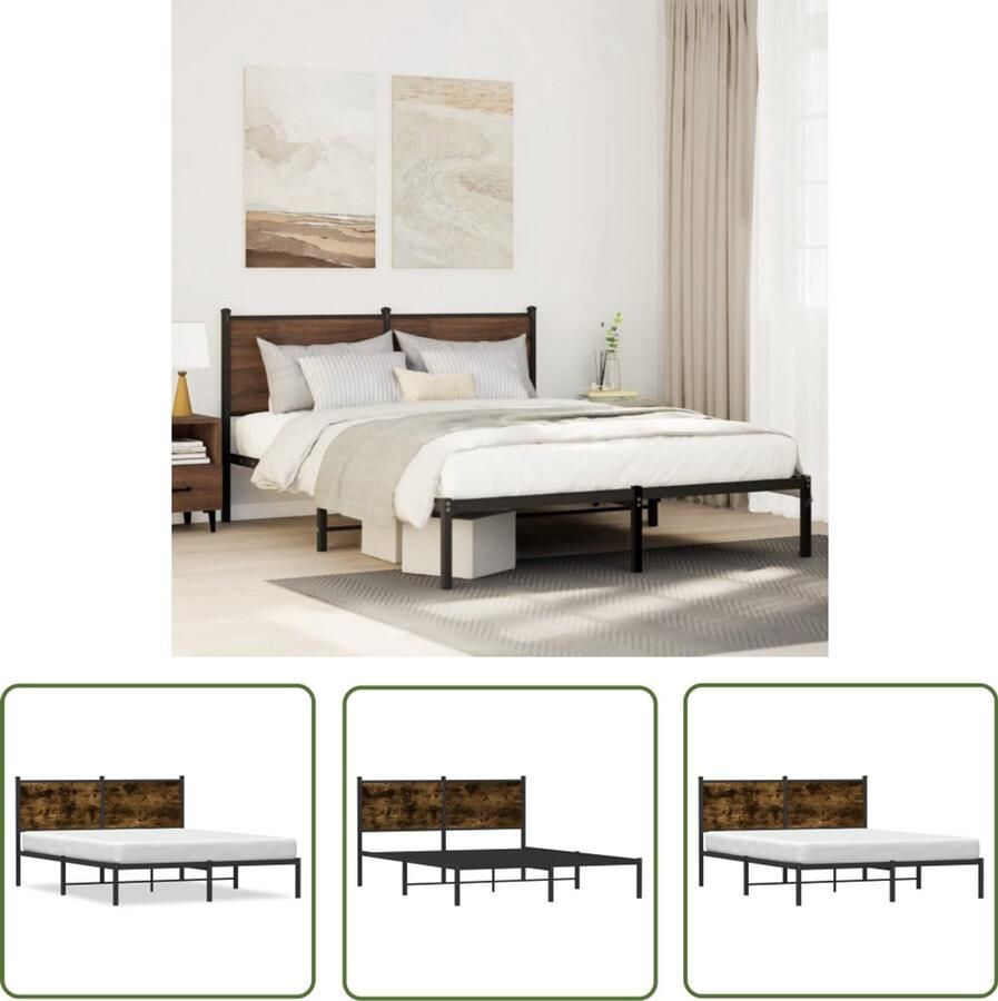 VidaXL Houten Bedframe Bed Frame Bedframe zonder matras metaal gerookt eikenkleurig 150x200 cm Staal Bedframe Bruine Bedframe King Size Bedframe
