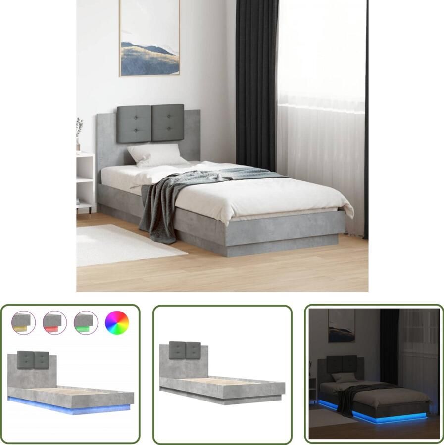 VidaXL Bedframe met hoofdbord en LED-verlichting betongrijs 100x200 cm Beton Grijs Bed Houten Bedframe Led Bed Tweepersoons Bed Slaapcomfort