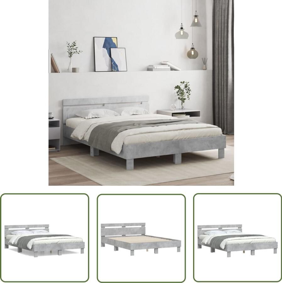 VidaXL Houten Bedframe Beton Grijs Bed Bedframe met hoofdeinde bewerkt hout betongrijs 150x200 cm Tweepersoons Bed King Size Bed Slaapcomfort