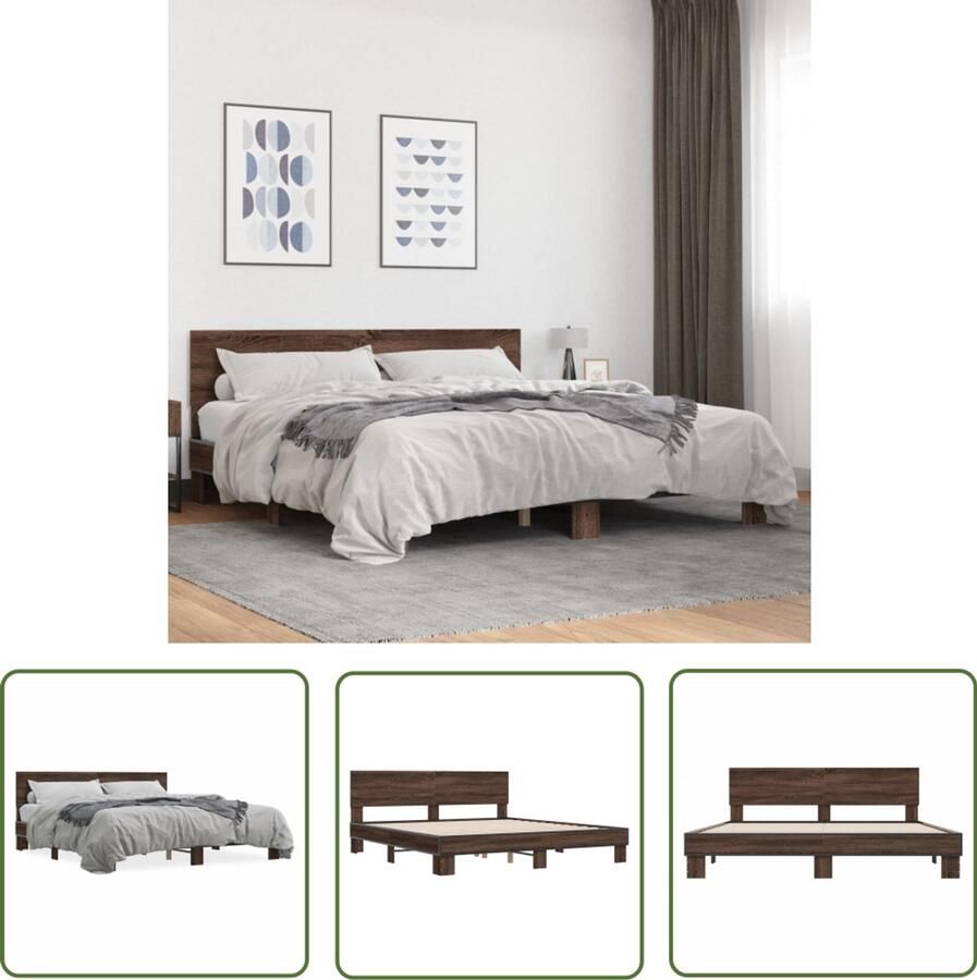 VidaXL Bedframe bewerkt hout metaal bruin eikenkleur 200x200 cm Bruin Houten Bed Houten Bedframe Tweepersoons Bed Boxspring Bed King Size Bed