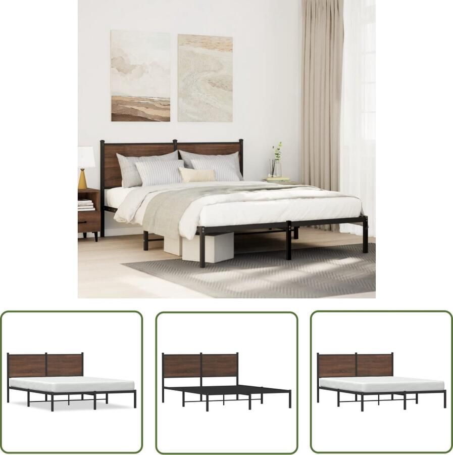 The Living Store Klassiek Metalen Bedframe 140 x 200 cm Bruineiken Staal en Bewerkt Hout Klassieke Bedframe Houten Bedframe Metalen Bedframe Bruine Bedframe Staal Bedframe