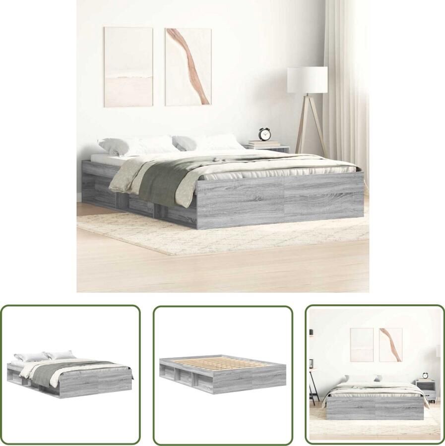 The Living Store Bedframe Grenenhout Moderne Slaapkamer Grijs Sonoma Eiken 193 x 138 x 35 cm Modern Bedframe Houten Bedframe Grijze Bedframe Met Opbergvakken Tweepersoons Bedframe