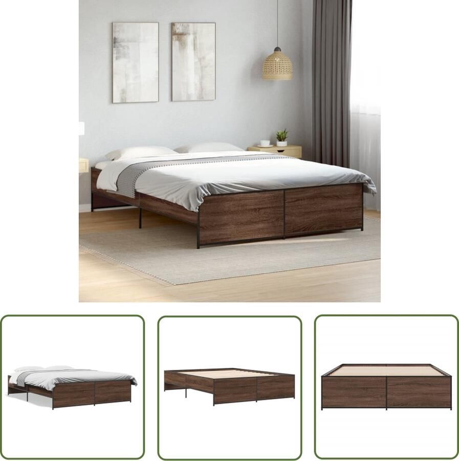 The Living Store Bedframe Bruineiken 203 x 143 x 40.5 cm Duurzaam hout en staal Slaapcomfort Houten Bedframe Tweepersoons Bed Kopen Bruine Eiken Kleur