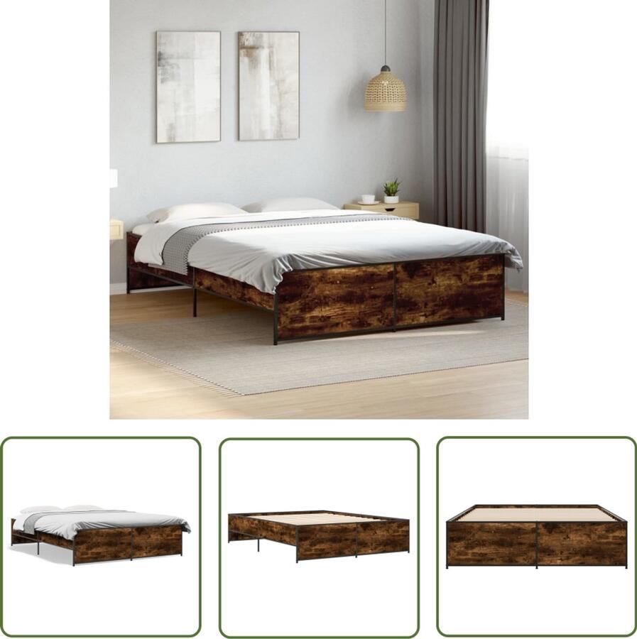 VidaXL Houten Bedframe Slaapcomfort Bedframe bewerkt hout metaal gerookt eikenkleurig 140x200 cm Bruine Bedbank Metalen Bedframe King Size Bed