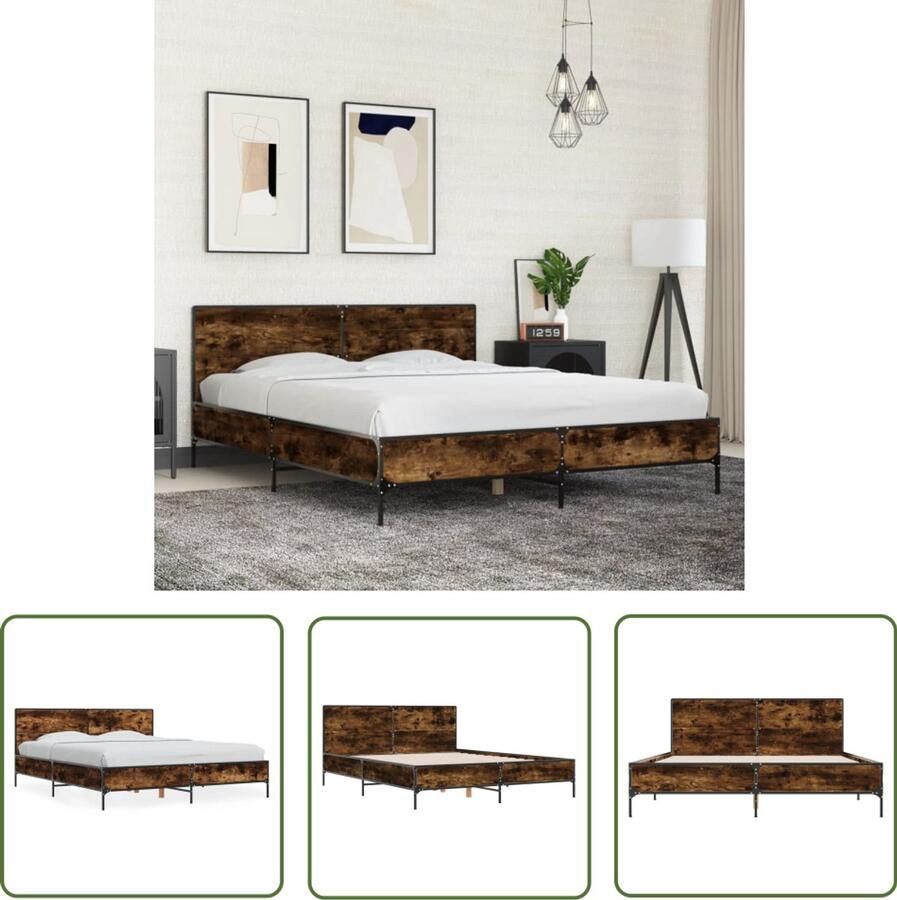 VidaXL Houten Bedframe Slaapcomfort Bedframe bewerkt hout metaal gerookt eikenkleurig 150x200 cm Bruine Bedbank Tweepersoonsbed Lattenbodem