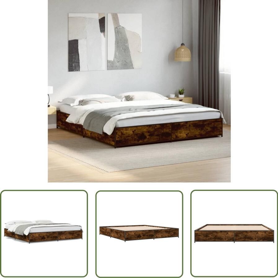 VidaXL Houten Bedframe Slaapcomfort Bedframe bewerkt hout metaal gerookt eikenkleurig 200x200 cm Bed 200x200 Bruine Bedbank Staal Bedframe