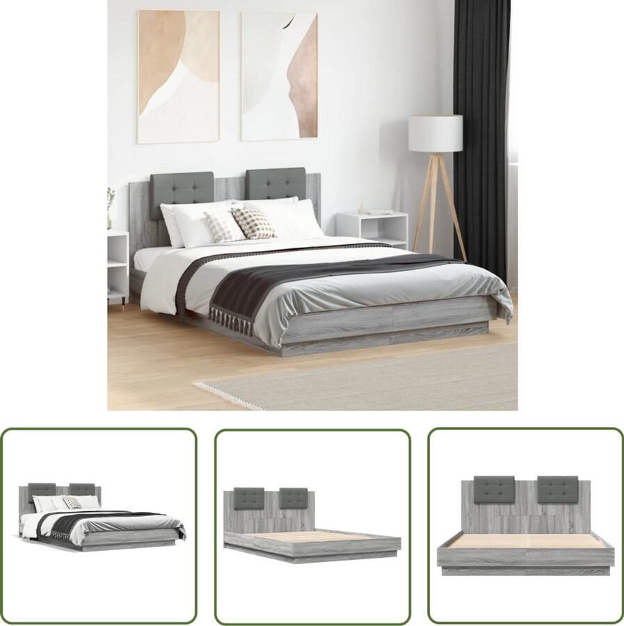 VidaXL Bedframe met hoofdeinde bewerkt hout grijs sonoma 140x200 cm Slaapcomfort Houten Bedframe Tweepersoonsbed Grijze Bedbank Modern Bed