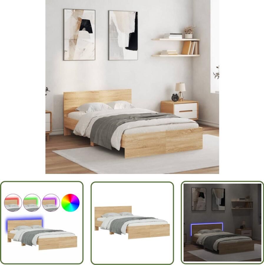 VidaXL Bedframe met hoofdeinde en LED sonoma eikenkleurig 135x190 cm Slaapcomfort Houten Bedframe Sonomakleurige Bedbank Led Verlichting Bed Tweepersoons Bed