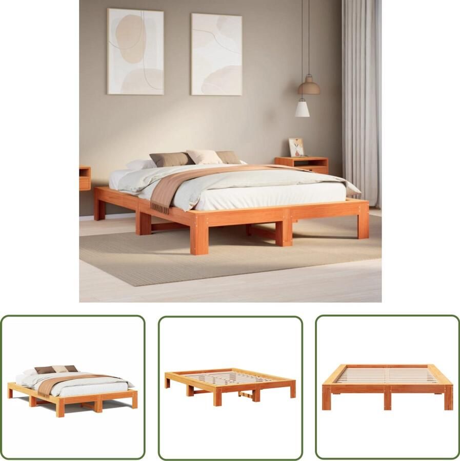 The Living Store Bedframe zonder matras massief grenenhout wasbruin 150x200 cm Slaapcomfort Houten Bedframe Tweepersoonsbed Massief Grenenhout Bedbasis