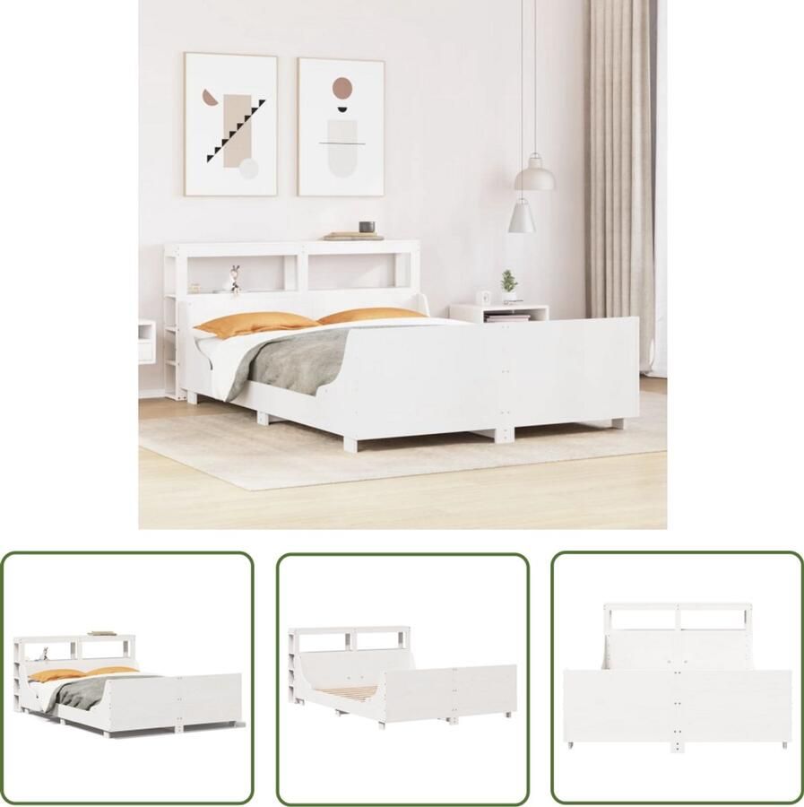 VidaXL Bedframe massief grenenhout Wit 140x190 cm Slaapcomfort Houten Bedframe Bed Met Opbergvakken Tweepersoons Bed Kingsize Bed