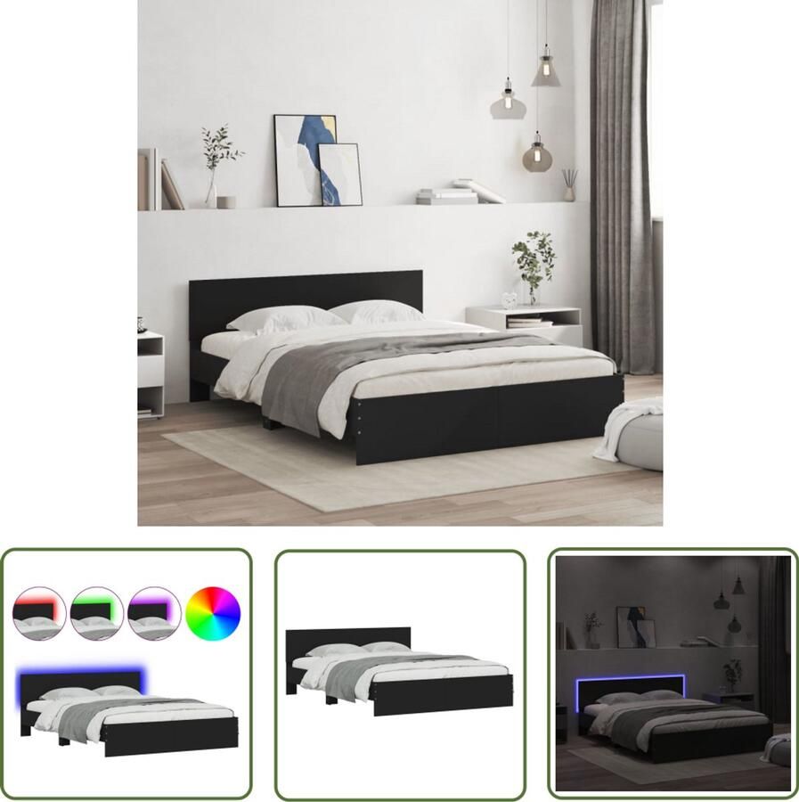 VidaXL Houten Bedframe Slaapkamermeubilair Bedframe met LED zonder matras 150x200 cm zwart Led Bed Tweepersoonsbed Comfortabel Bed