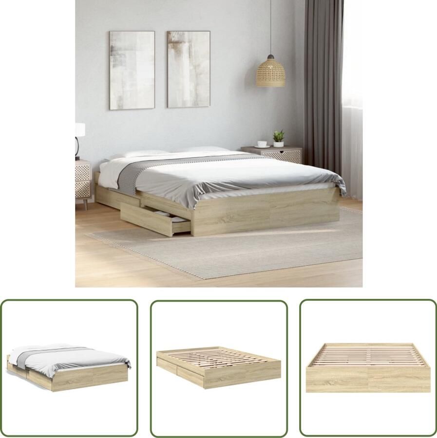 VidaXL Bedframe met lades bewerkt hout sonoma eikenkleurig 140x190 cm Slaapkamersdecoratie Houten Bedframe Bed Met Lade Sonome Eiken Kleur Tweepersoonsbed