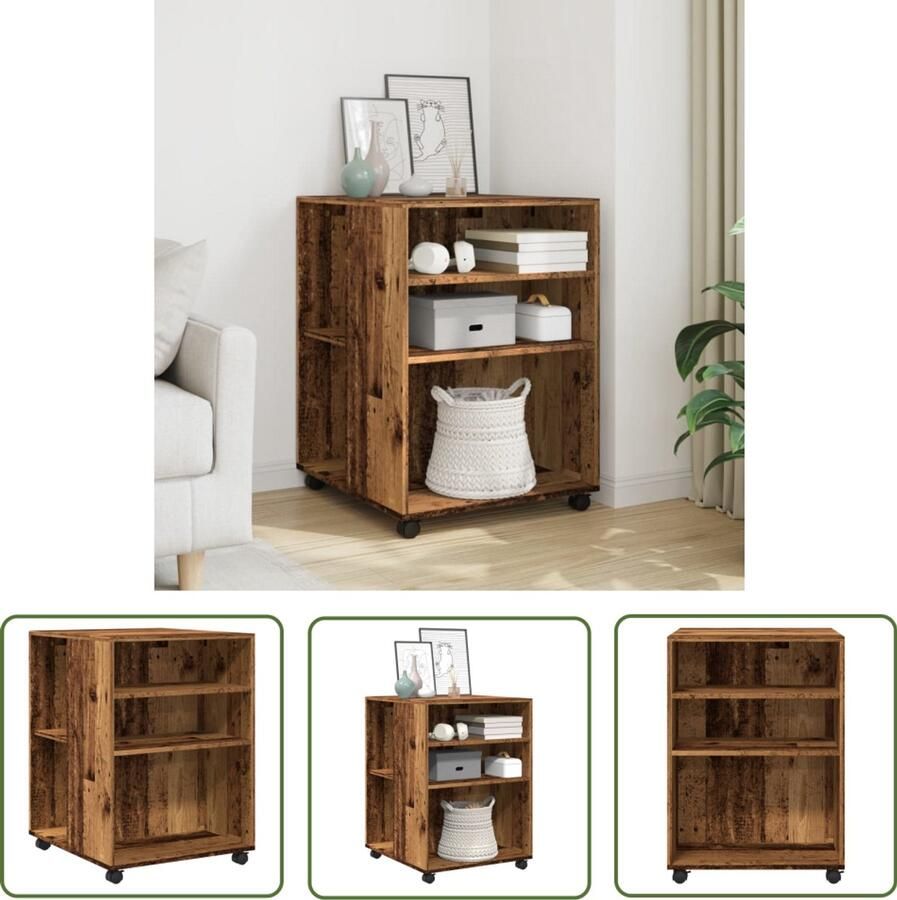 The Living Store Bijzettafel met wieltjes 55x60x78 cm bewerkt hout oud houtkleur Bijzettafel Vintage Houten Bijzettafel Salontafel Side Table Decoratieve Tafel