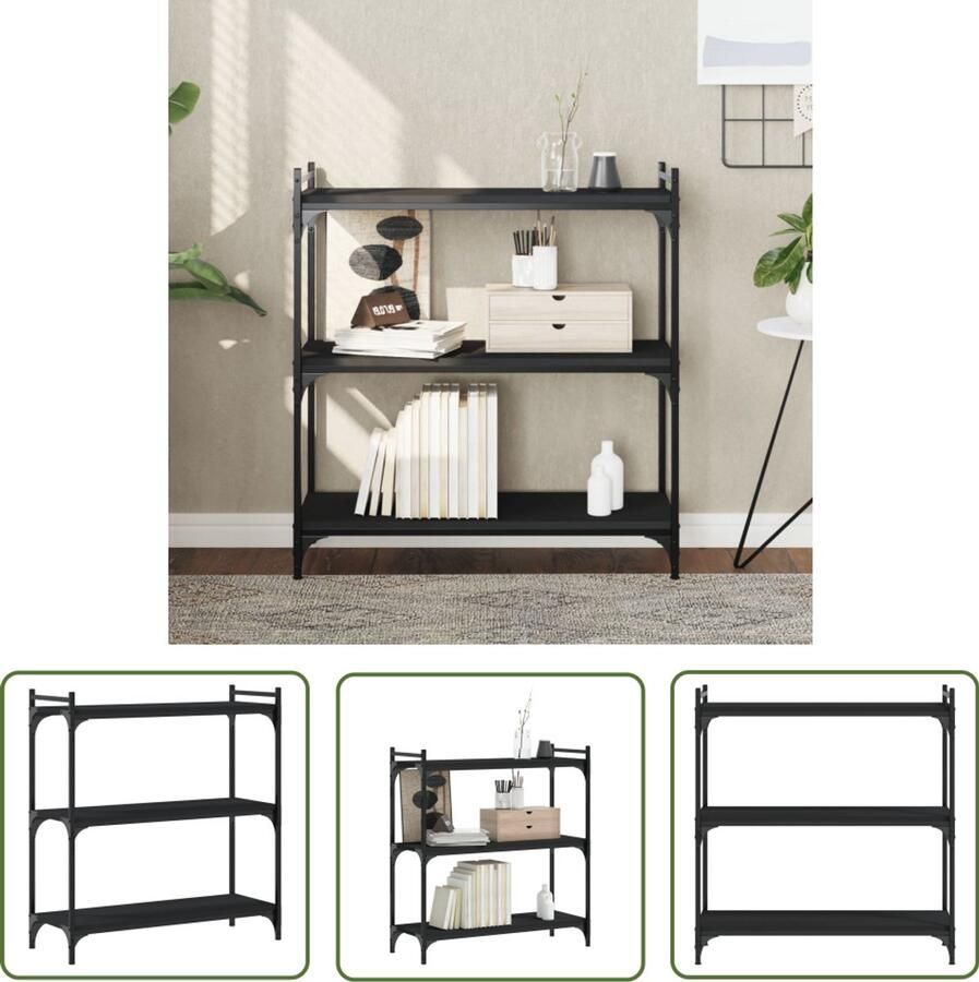 The Living Store Boekenkast 3-laags 80x30x86 cm bewerkt hout zwart Boekenkast Houten Boekenkast Industrieel Design Bibliotheekkast Opslagruimte