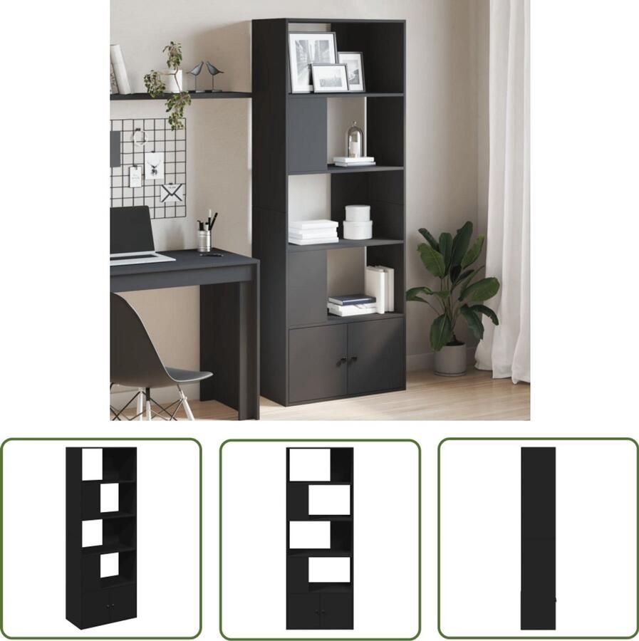 The Living Store Boekenkast 70x36x189 cm bewerkt hout zwart Boekenkast Houten Boekenkast Zwarte Boekenkast Bibliotheekkast Opbergkast