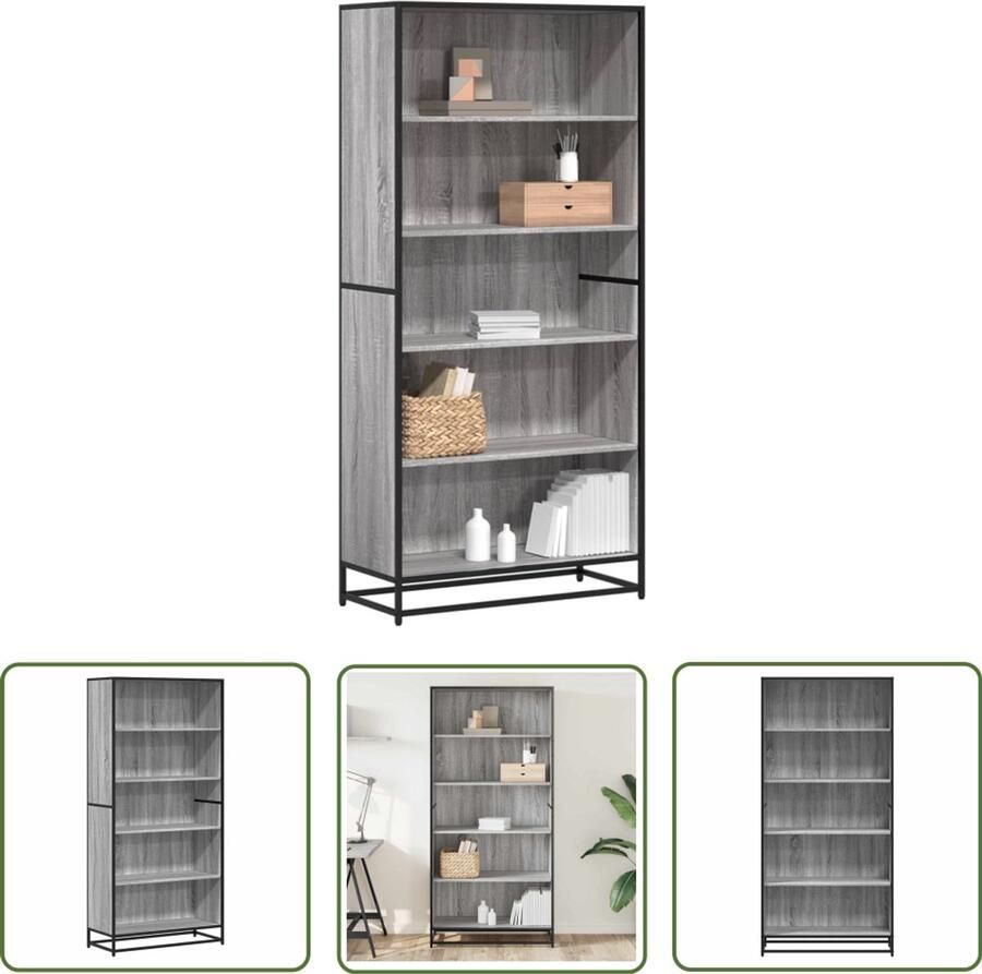The Living Store Boekenkast 80 5x35x170 5 cm bewerkt hout grijs sonoma eiken Boekenkast Houten Boekenkast Grijze Boekenkast Design Boekenkast Multifunctionele Boekenkast