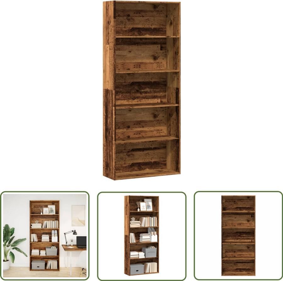 The Living Store Boekenkast 80x30x189 cm bewerkt hout oud houtkleurig Boekenkast Houten Boekenkast Vintage Boekenkast Bibliotheekkast Opslagkast