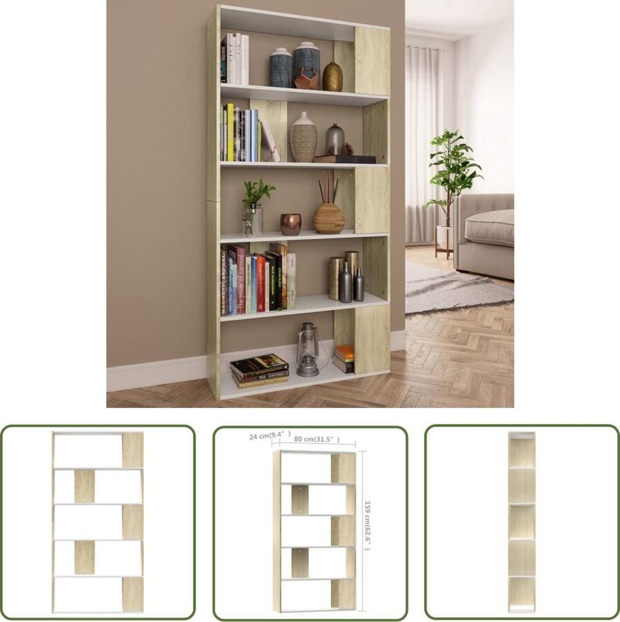 The Living Store Boekenkast kamerscherm 80x24x159 cm wit en sonoma eikenkleurig Boekenkast Houten Boekenkast Witte Boekenkast Sonoma Eiken Boekenkast Boekenplank - Foto 2