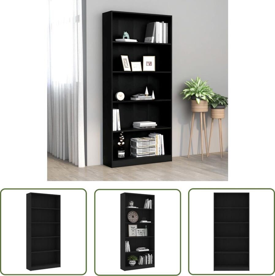 The Living Store Boekenkast met 5 schappen 80x24x175 cm bewerkt hout zwart Boekenkast Houten Boekenkast Zwarte Boekenkast Boekenplank Opslagmogelijkheden - Foto 2
