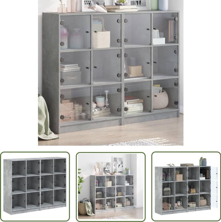 The Living Store Boekenkast met deuren 136x37x109 cm bewerkt hout betongrijs Boekenkast Houten Boekenkast Betongrijs Meubilair Boekenplank Opslagoplossing
